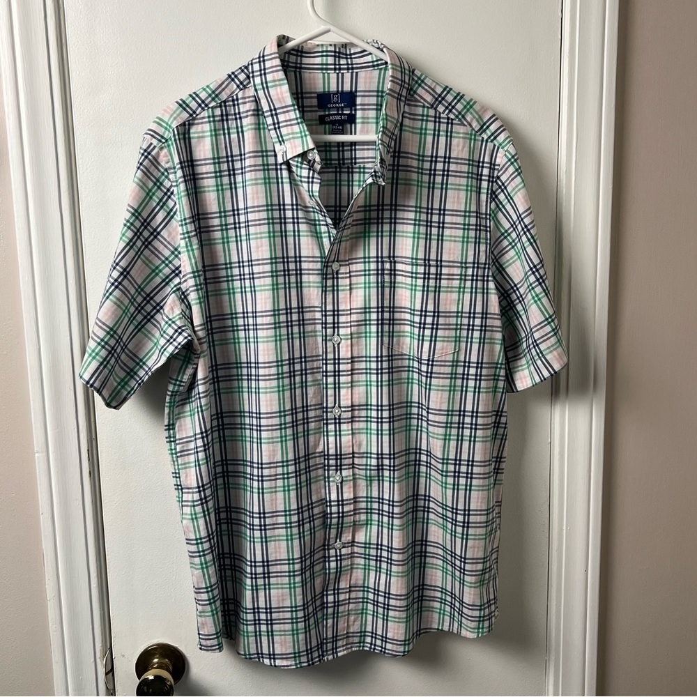 George- Men’s Short Sleeve Button Down- White Pink Green Plaid- Large